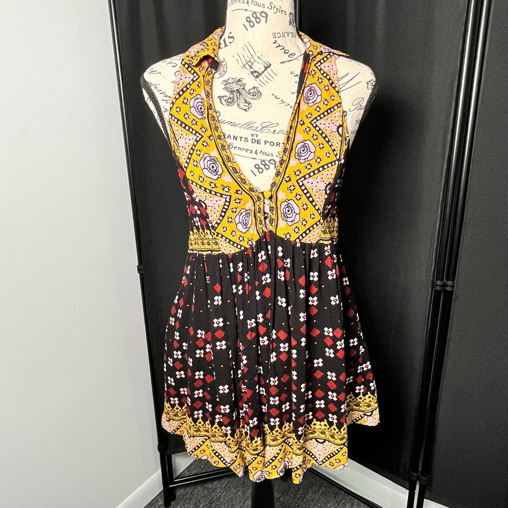 Free People Women Top Rayon Mixed Floral Geometric Print XS Boho Babydoll Halter